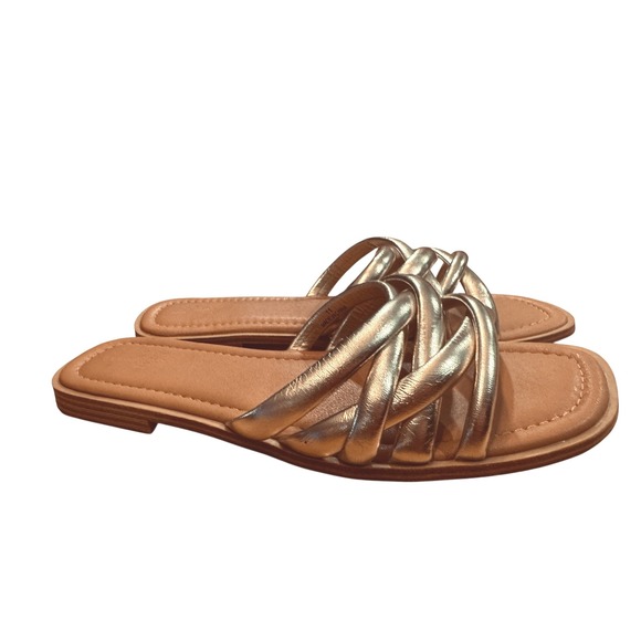 Shoes - Womens Gold Metallic Braided‎ Strap Slide Sandals Size 11 Flat Slip On summer